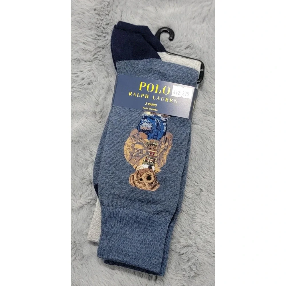 Polo Ralph Lauren Socks Mens 10-13 Blue Casual Polo Bear Crew 2 Pack Mid Calf